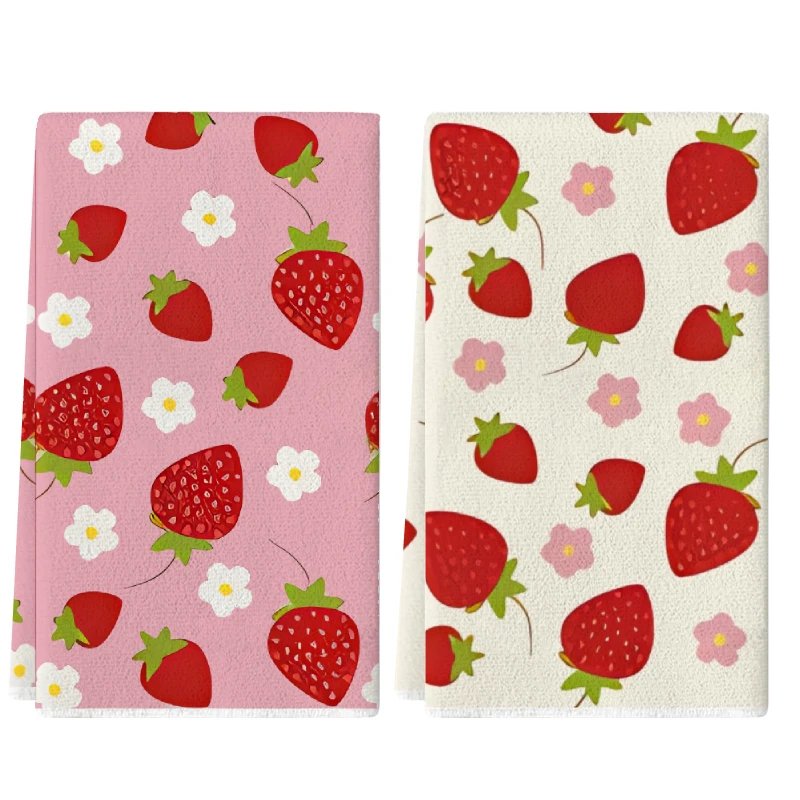 2Pcs, Pink and White Strawberry Flower Kitchen Towels, 40Cm*60Cm Towel Set, Super Absorbent Soft Cleaning Cloth, Cooking and Baking Tea Towel, Hand Towel, Cleaning Cloth, Dishwashing Cloth, Kitchen Decoration, Living Room Decoration, Kitchen Essentials, Home Essentials