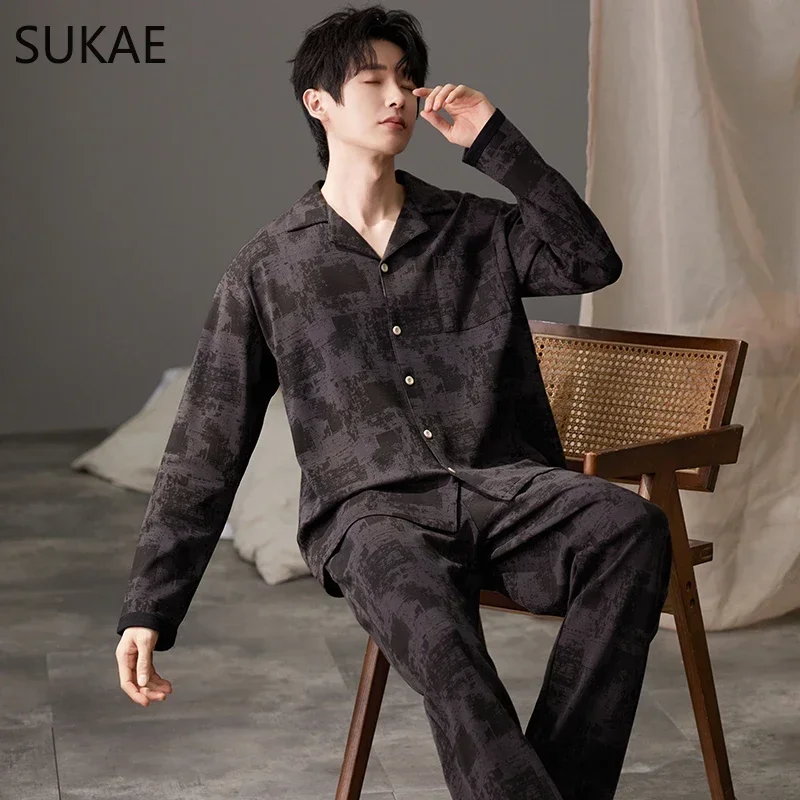 SUKAE Casual Mens Pijama Faux Cotton Soft Nightwear Autumn Spring Homesuit Gentleman Turn-down Collar Sleepwear Boys Pajamas