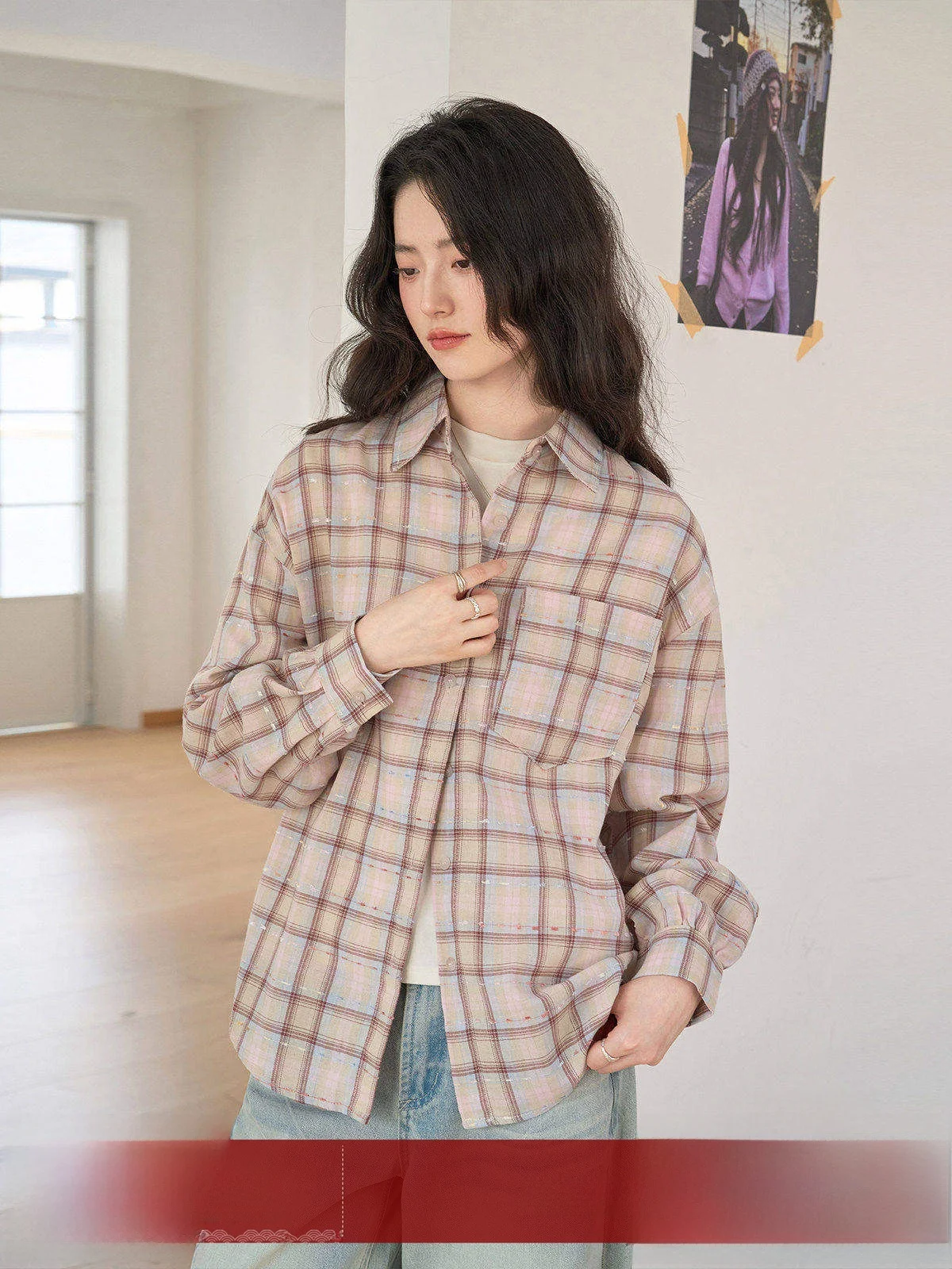 

MoZa Spring 2026 Women's Plaid Long Sve irt Korean Sle Loose Design Sense Turn-down Collar Comfortable Polyester Cotto...