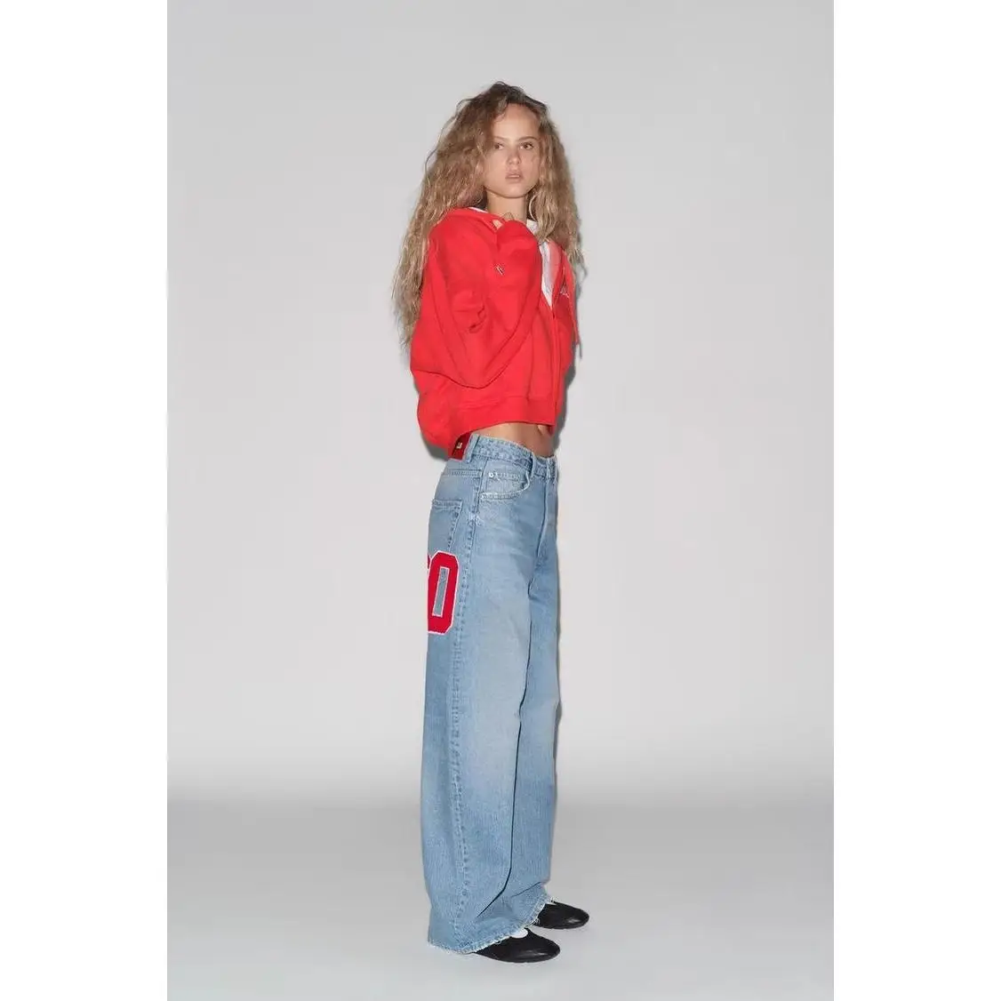 

Spring New Women's Loose Cotton Denim Jeans Mid-Waist Decorative Blue Straight Leg Stand Fit Long Trousers