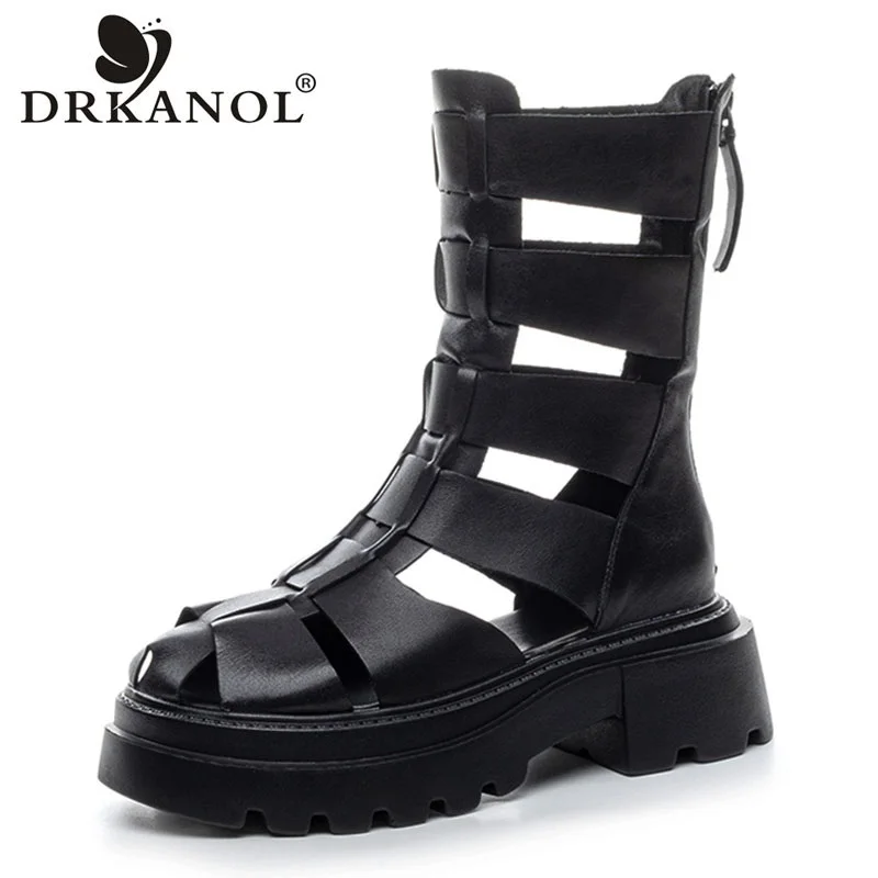 

DRKANOL/женские сандалии-гладиаторы из натуральной кожи, летние крутые ботинки на толстом каблуке и платформе с молнией сзади для женщин, полые римские сандалии