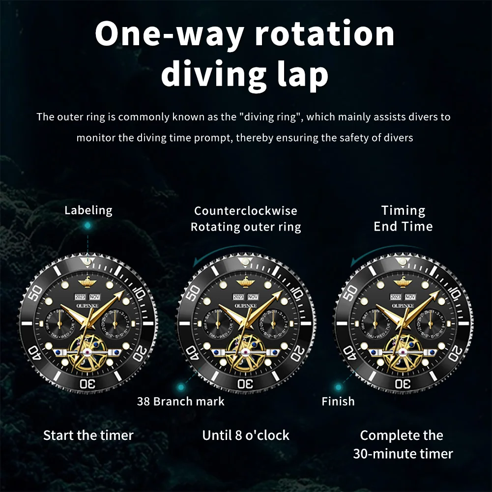 OUPINKE 3229 Diving Series Men's Automatic Watch Skeleton Mechanical Watch Luxury Calendar Luminous 50M Waterproof Sports Watch