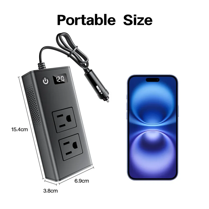 200W Portable Car Inverter Adapter Converts with 4 USB Port 2 Sockets Cigarette Lighter Plug Digital Display for Business Travel
