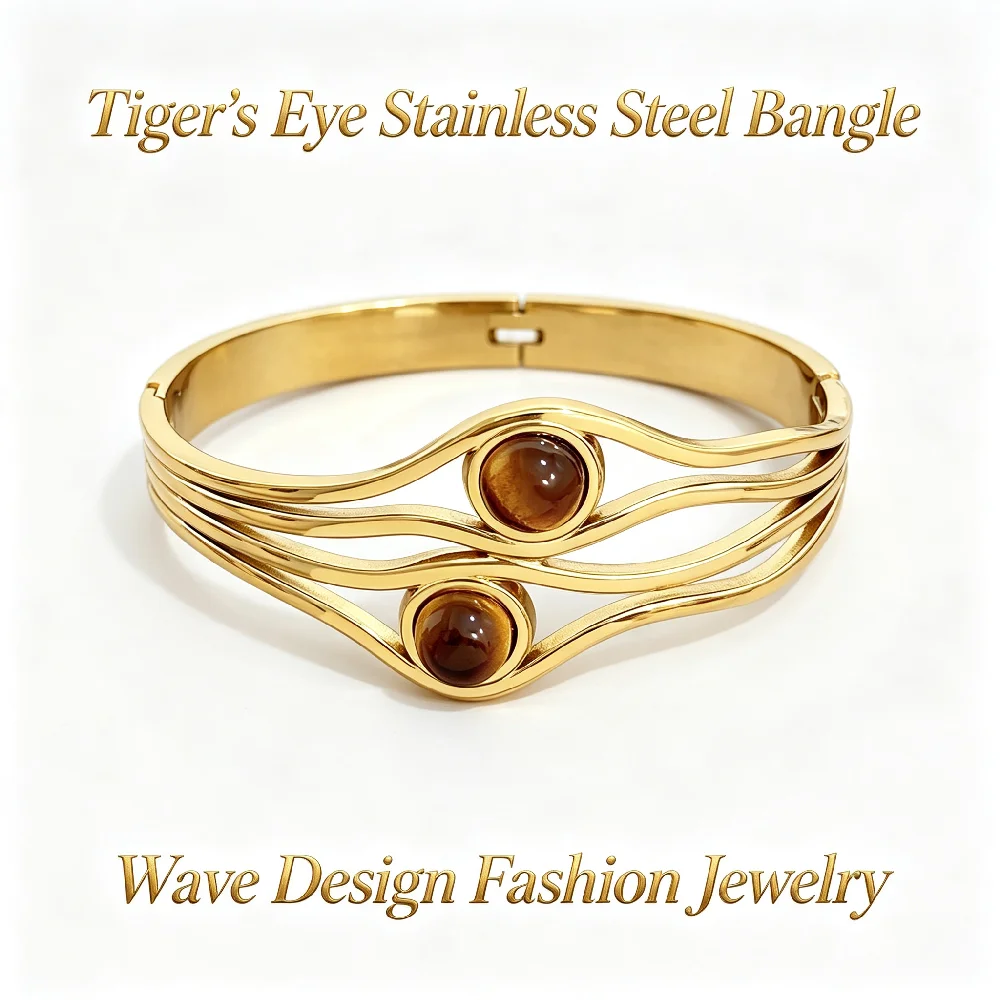 Greatera Marken-Armreif aus Edelstahl mit zweilagigem Tigerauge-Stein für Damen und Herren, Festival-Party, Vintage, stapelbar, wasserdichter Schmuck – Detail 7