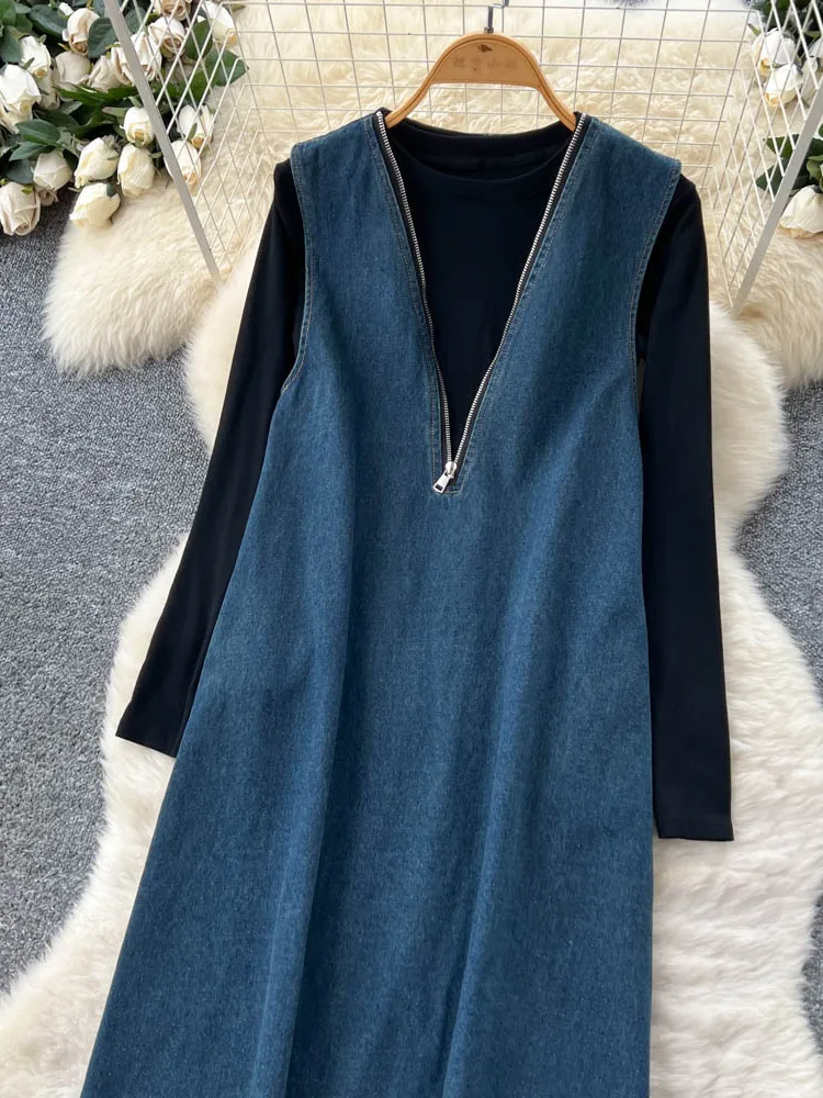 패셔너블한 지퍼 V넥 슬림 데님 베스트 여성용 가을 이너 롱 슬리브 하이웨이스트 스트레이트 컷 출퇴근용...