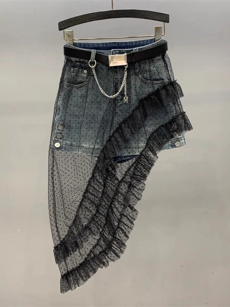 GALCAUR Solid Spliced Mesh Hot Girl Skirt Female High Waist Slimming Irregular Streetwear Women's Skirts Autumn Fashion Style: Spódnica GALCAUR z siateczki, łączona, w stylu hot girl, damska, z wysokim stanem, wyszczuplająca, asymetryczna, streetwearowa, spódnice damskie, jesienna moda.