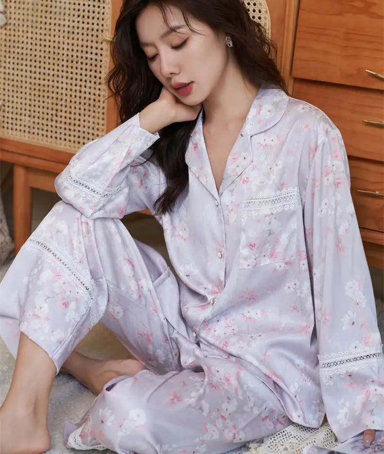 

2Pcs Sleep Set Lapel Pajamas Women Print Sleepwear Shirt&pants Pijamas Suit Spring Rayon Satin Long Sleeve Nightwear Lingerie