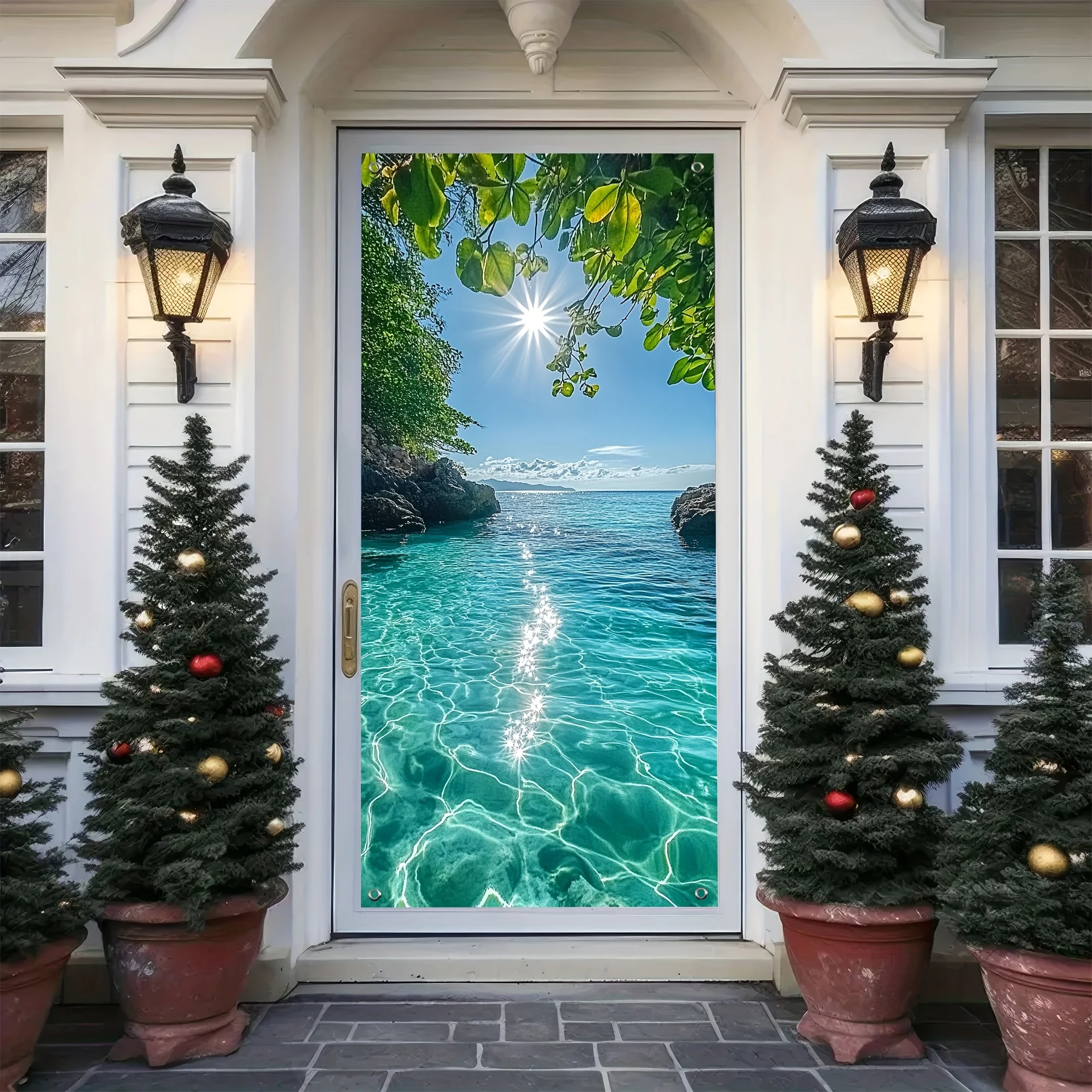 2D Plane – 1 Stück, zweidimensional bedruckter Partybanner-Vorhang mit einer bezaubernden türkisfarbenen Meeresbucht-Landschaft