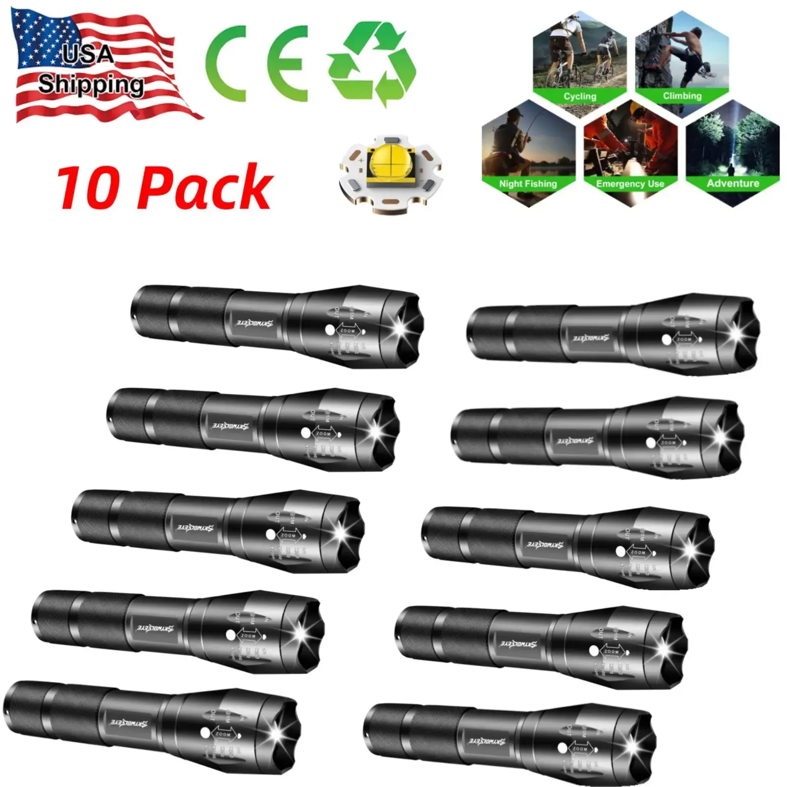 

Skywolfeye 1-10pcs Super Bright LED Tactical Flashlight Zoomable Waterproof Torch for Hiking Outdoors