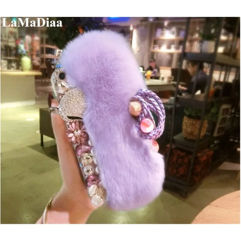 Soft Rabbit Fur Plush Case, Luxury Bling, Rhinestone Diamond Flower, Back Cover for iPhone 14, 15, 11, 12, 13, 15, Pro Max