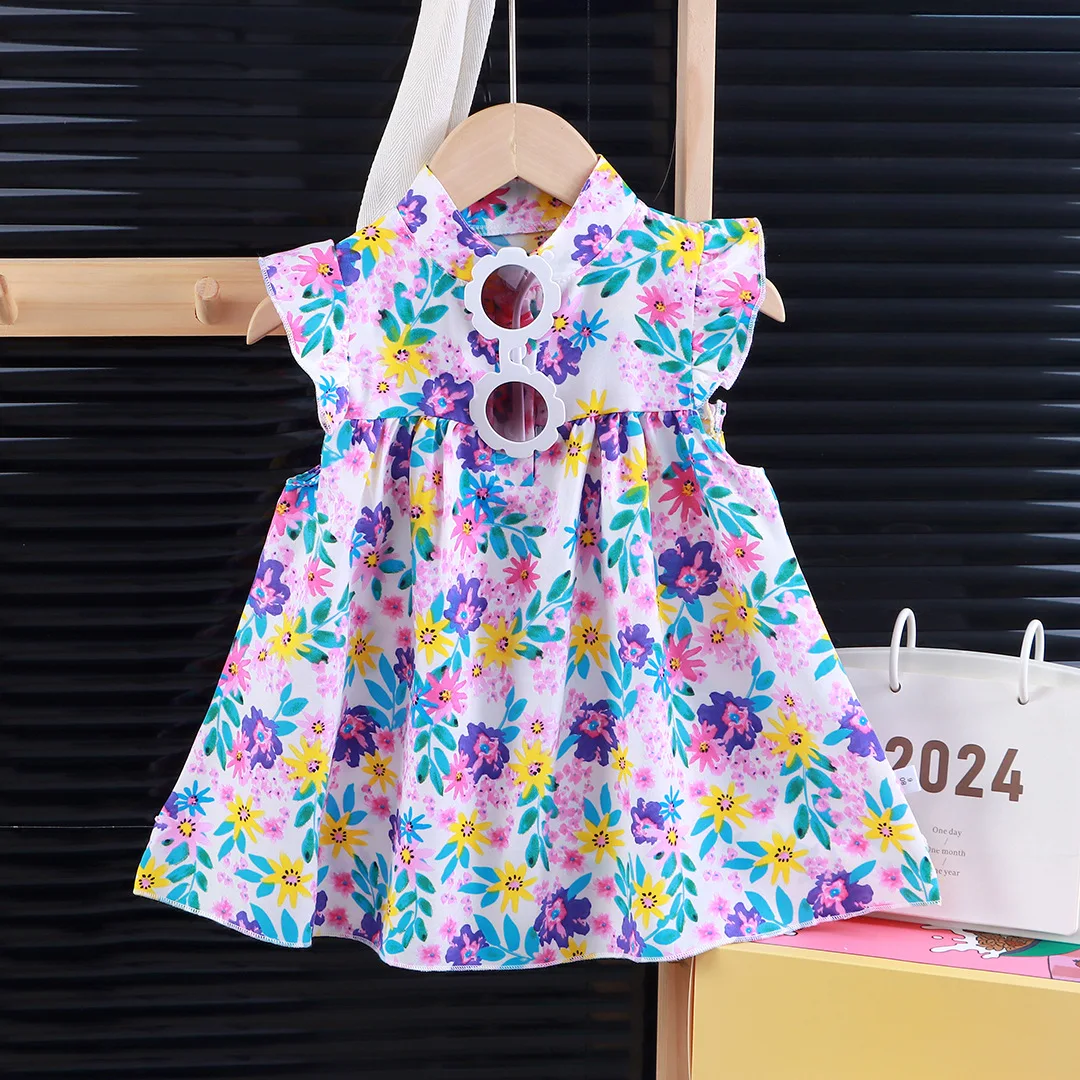 1-9Y Kids Girls Floral  Princess Style Dress with Little Flutter Sleeves Breathable Summer Baby Girls Clothes for Child Dress