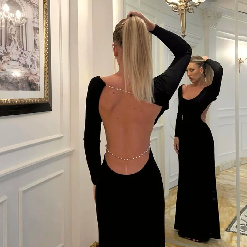Vrouwen Elegante Backless Parelketting Lange Mouw Maxi Jurk Sexy Party Club Effen Zwart Herfst Vakantie Jurken Uitgesneden Gewaden