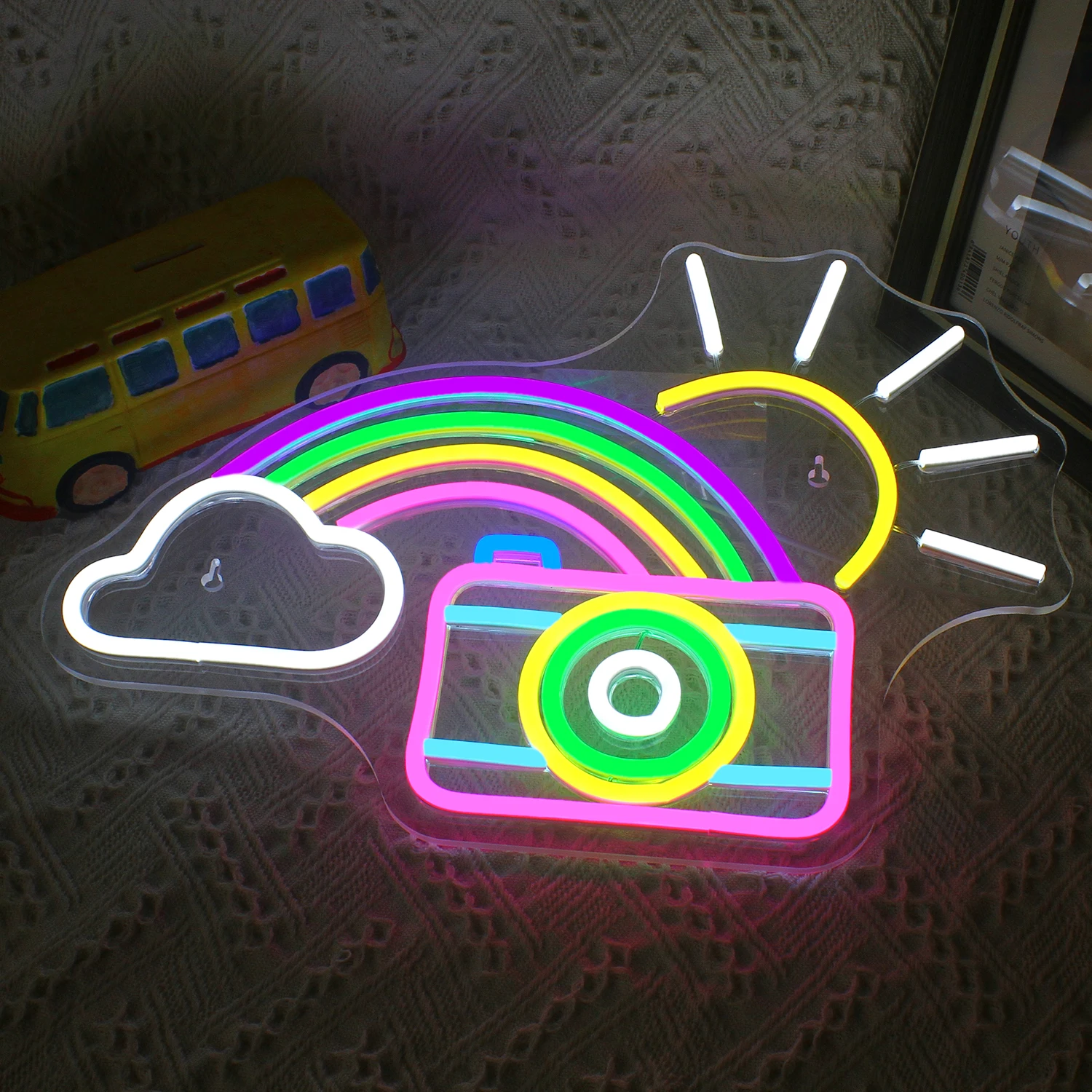 Camera Rainbow Sunshine Neon Sign LED Lights Room Decoration Bedroom Bar Party Club Photo Studio Dimmable Lamp Wall Decor Signs
