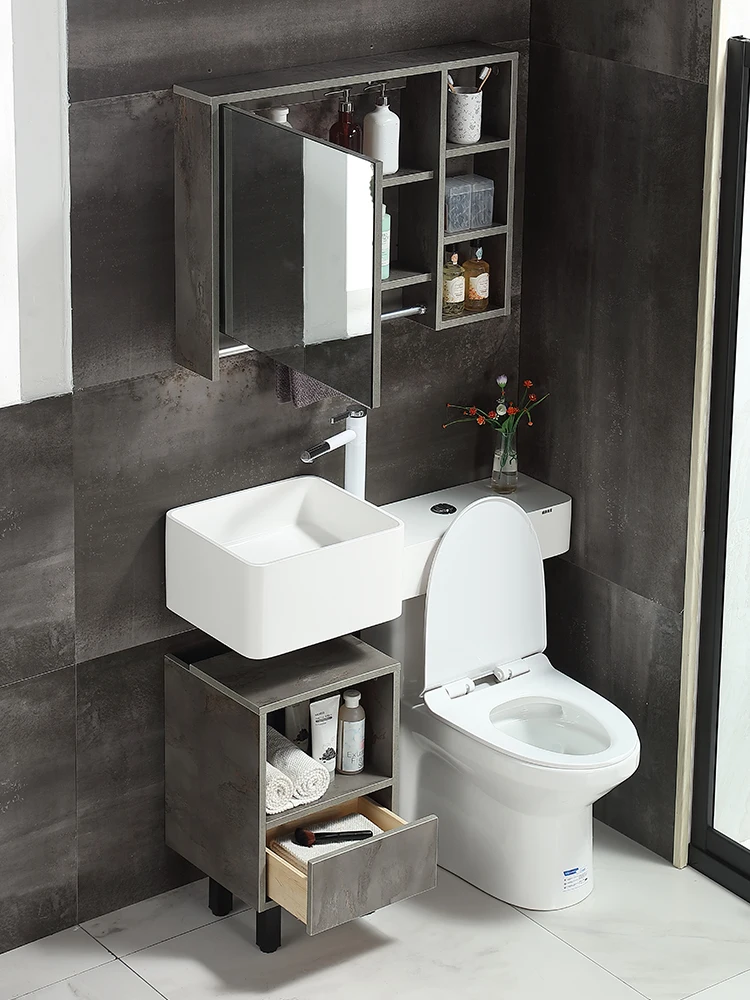 Minimalist and beautiful small apartment wall-mounted bathroom marble toilet with hand washing table basin cabinet combination