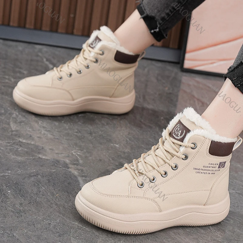 Winter New Women's Shoes Padded High-top Sneakers Casual Platform Sports Thickened Warm Cotton Shoes Lace Up Short Snow Boots