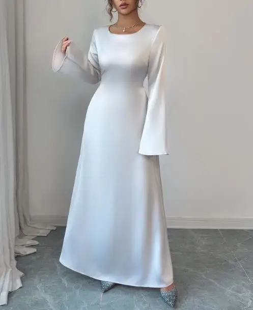 가을 캐주얼 우아한 텍스처 고급스러운 새틴 드레스, 여성용 기품 있는 슬림핏 레이스업 허리 A라인 긴 소매 드레스