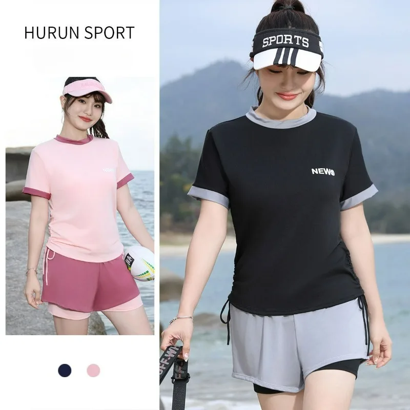 

New 90kg Plus Size Women Swimsuit Beach Sports Swimwear Two-piece Short Sleeve Conservation Bathing Suit