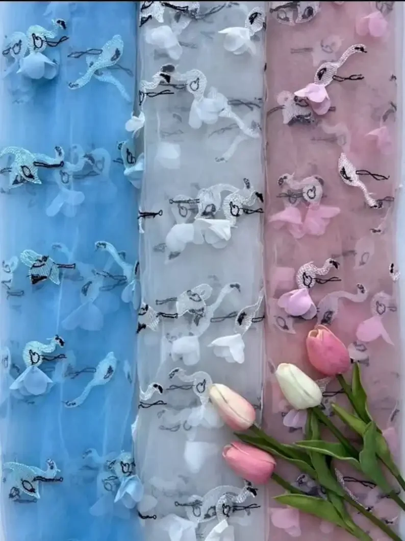 

3D Pink Flamingos embroidered lace fabric floral Bird tulle For Wedding Party Dress Tutu Dress Prom Gown Children's dress 1 yard