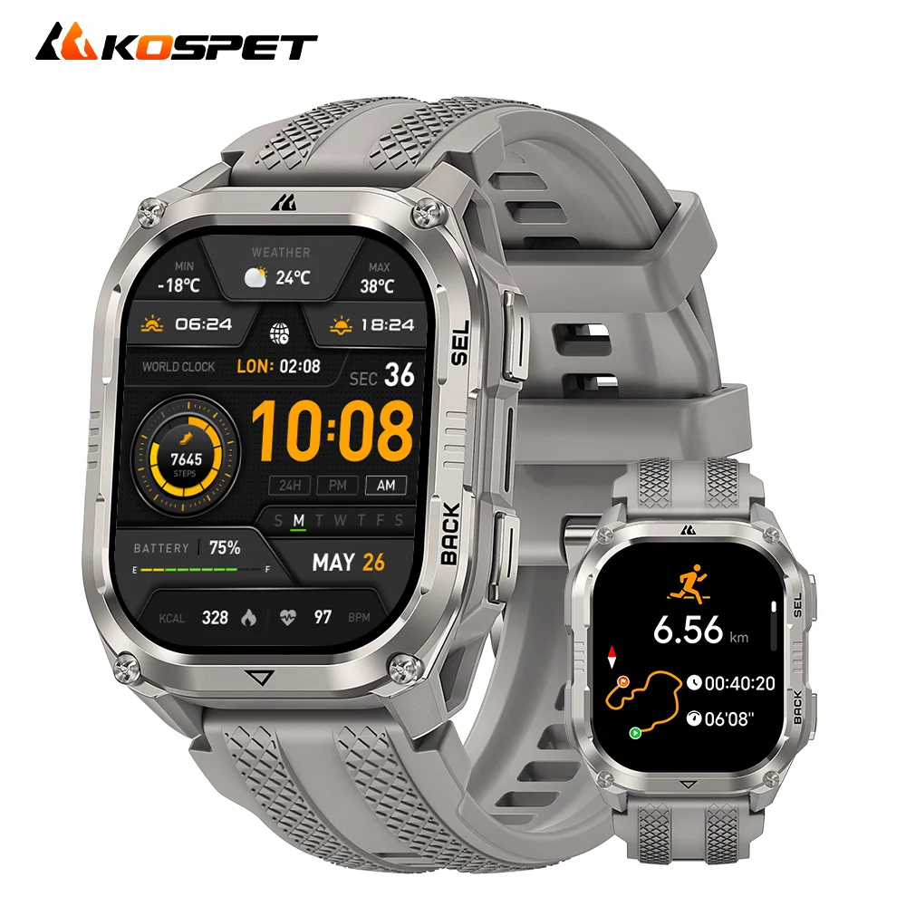 2026 KOSPET PULSE 2 Rugged Military Smartwatch Men Dual Band GPS 6 GNSS AMOLED 1.96