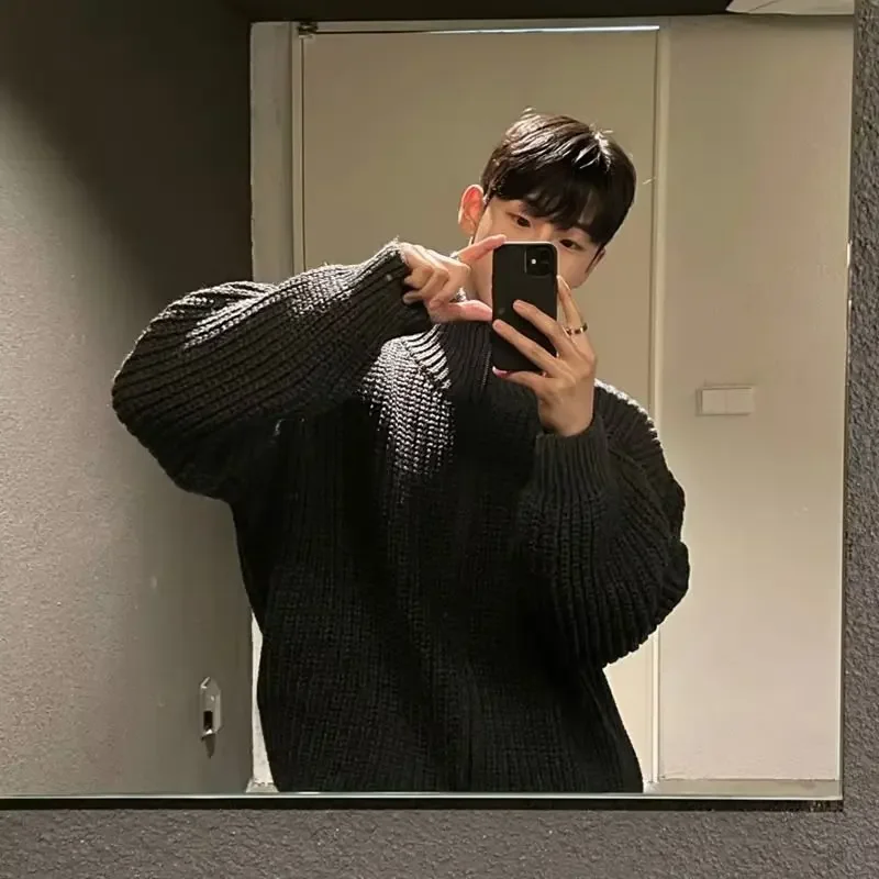 

2023 Autumn Men's Luxury Knitted Zipper Cardigan Sweater Stand Collar Solid Color Long Sleeve Casual Streetwear Loose Coat