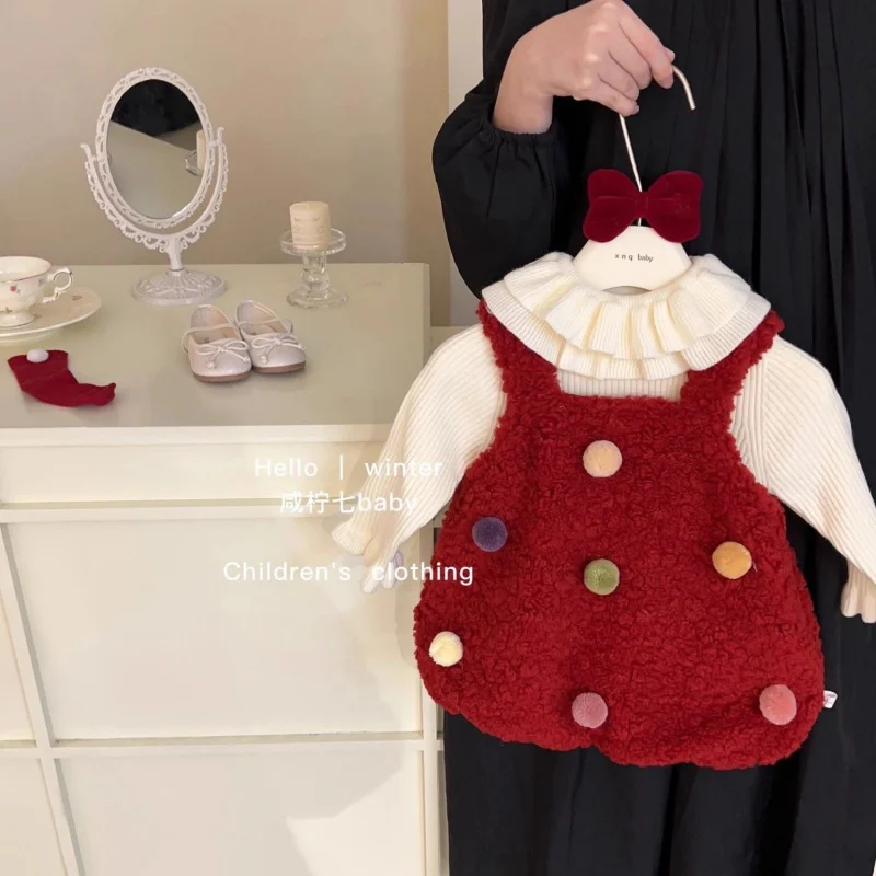 Korean Style Girls' Furry Strap Dress Set Vest Dress Baby Winter Dress Toddler Dress Ball Lantern Dress Autumn Winter