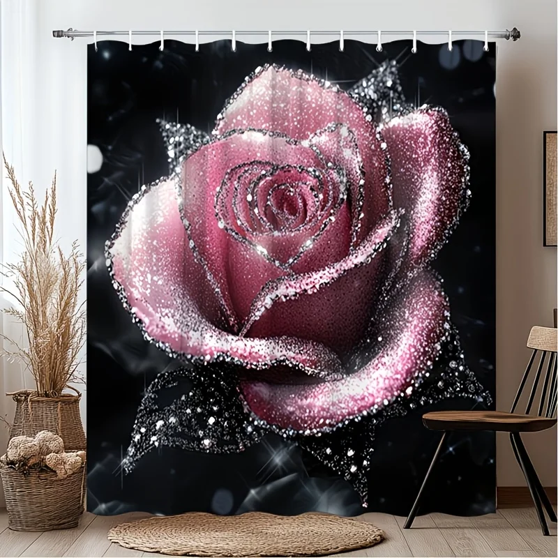 Romantic Pink Rose Floral Shower Curtain Waterproof Bathroom Decor Liners for Master Bath 180x180cm