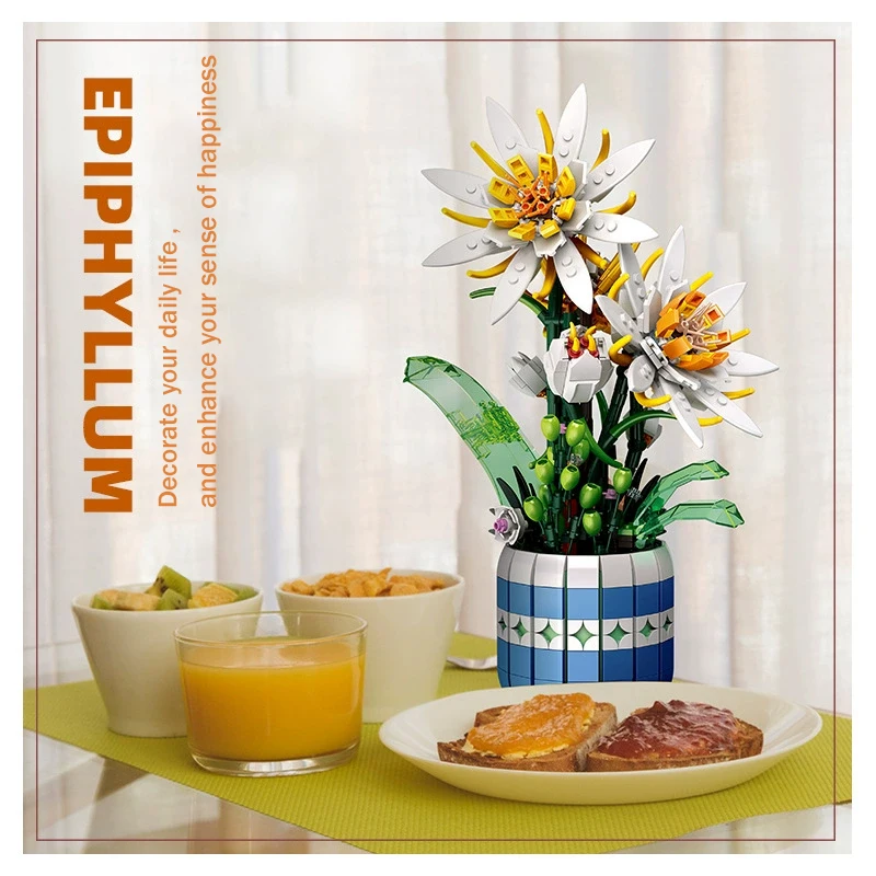 

New Home Desktop Epiphyllum Plant Potted Flower Assembly DIY Simulation Potted Desktop Ornaments Building Blocks Model Bricks