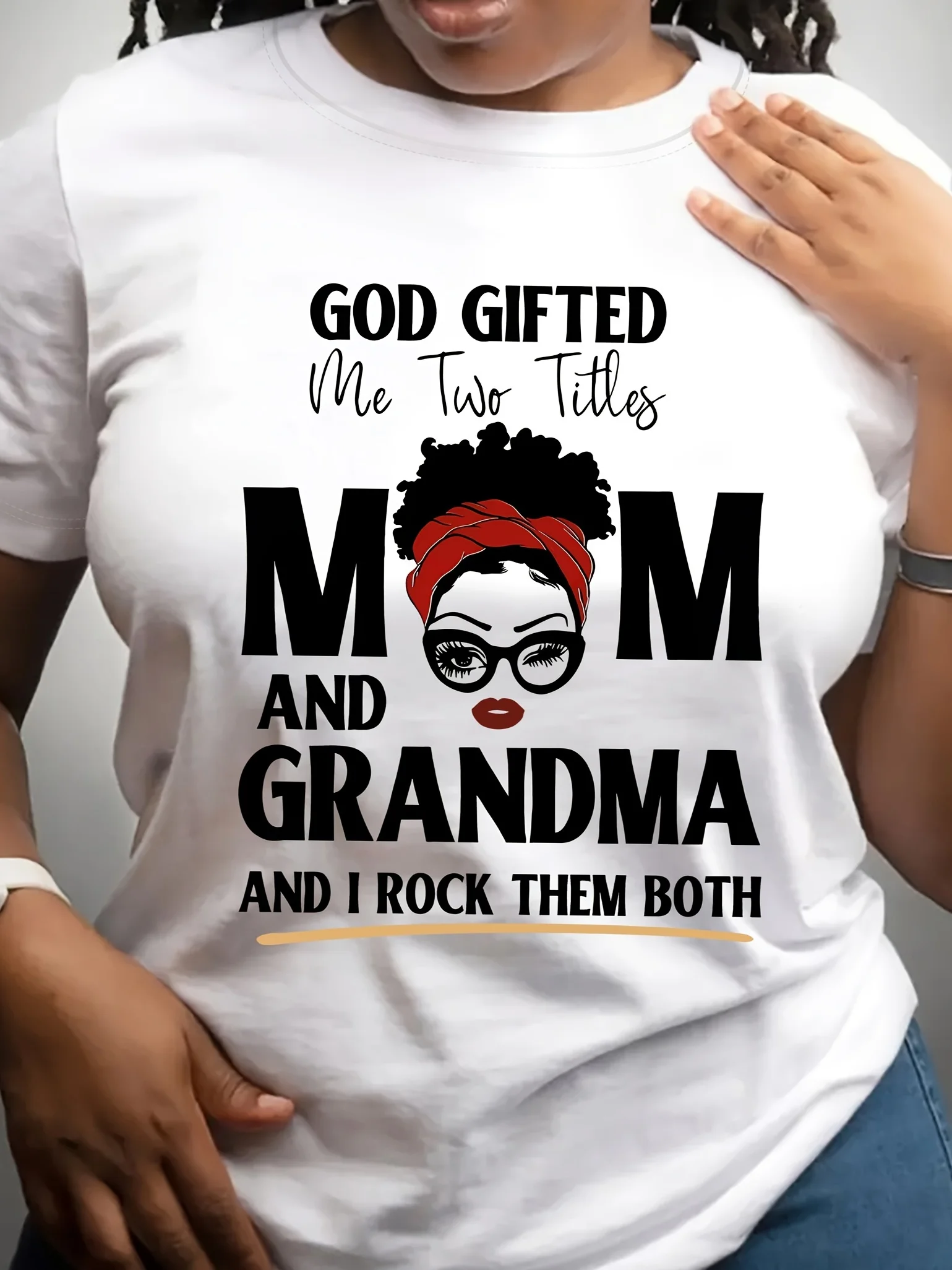 

WomenS Casual Crew Neck T-Shirt with God Gifted Me Two Titles Mom and Grandma Letter Print 100 Polyester Knit Fabric