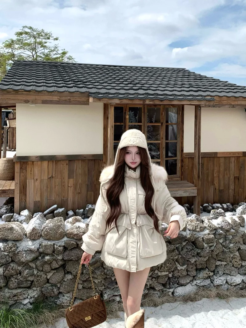 

Women's Hooded down Jacket Mid-Length Thick Warm Design Korean Style Commute Fashion White Duck Feather Quilted Zipper Coat