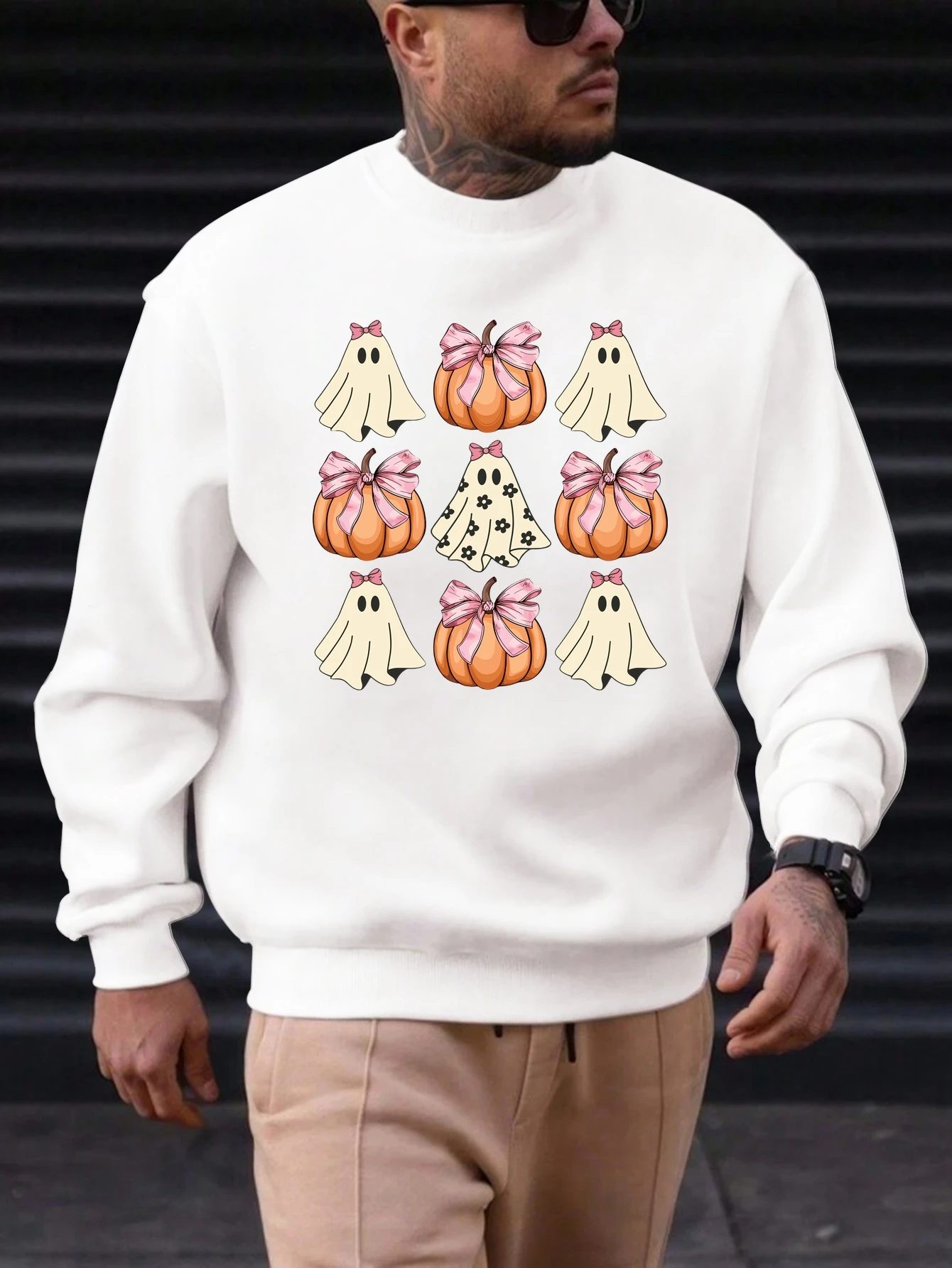 

Men's Cotton Crewneck Sweatshirt Ghost Pumpkin Graphic Printing 2025 New Trending Fashion Casual High Quality Top Clothing
