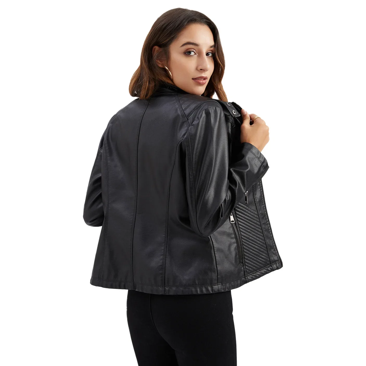 BTQWFD Women\'s Winter Coats Fashion Jackets Female Clothing Long Sleeve Autumn Stand Collar Lady  PU Leather Motor Biker Outwear
