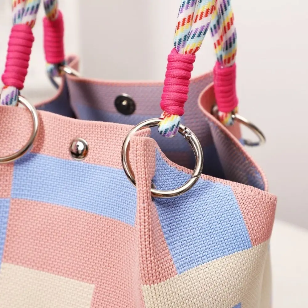 Portable Cartoon Knitted Bucket Bag Handmade Large Capacity Wrist Bag Woven Ring Buckle Handbag for Women Girls view 2