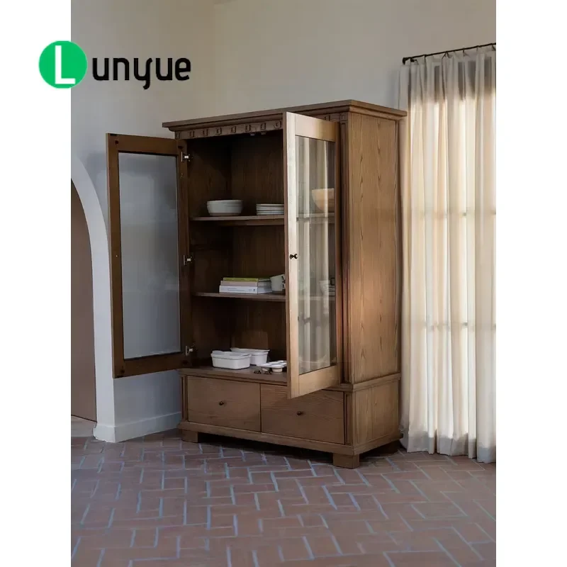 American Country Style Solid Wood Dining Side Cabinet with Glass Door Retro Imitation Old Drawer Display Locker Bookcase for