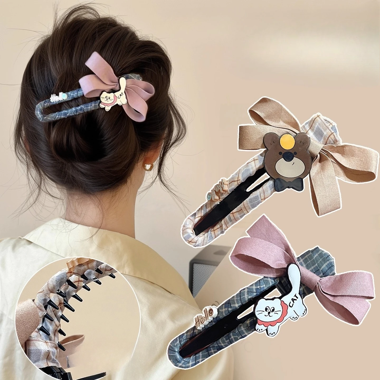 

Cute Little Bear Bow Duckbill Clip Women Large Back Head Ponytail Clip Korean Fashion Cute Cartoon Disc Hair Styling Accessories