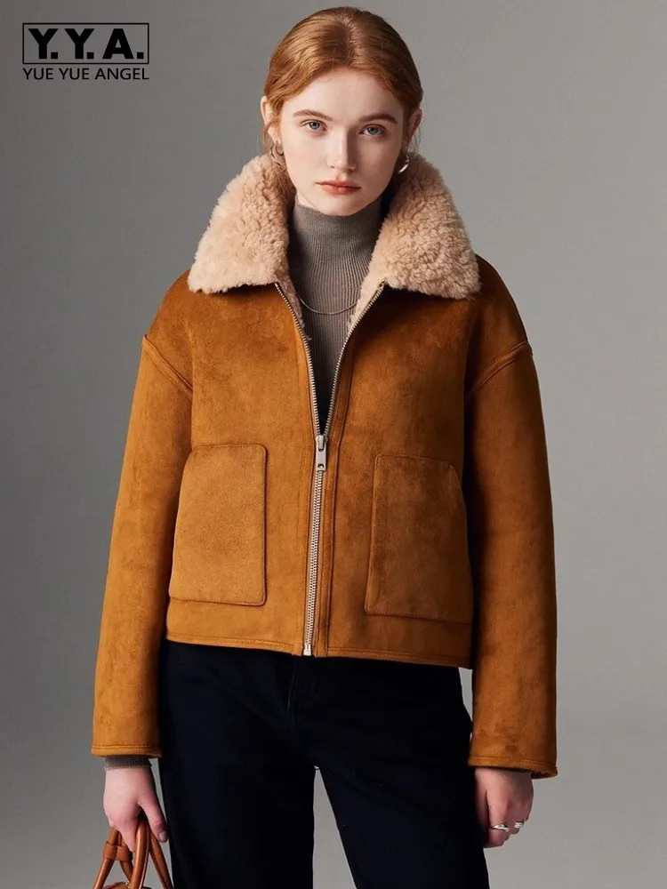 

Winter Fashion Short Women Coat Real Wool Lining Outerwear Zipper Turndown Collar Warm Jacket Chic Office Ladies Autumn Overcoat