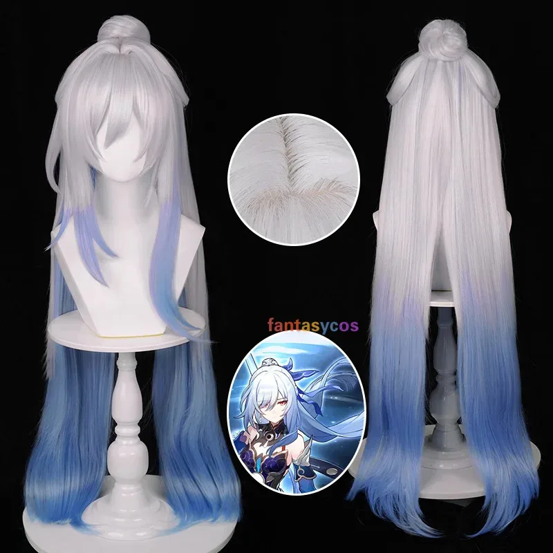 هونكاي ستار السكك الحديدية Jingliu شعر مستعار تأثيري الفضة الأبيض الأزرق التدرج طويل النساء الباروكات مقاومة للحرارة الشعر هالوين زي دور Playc #2