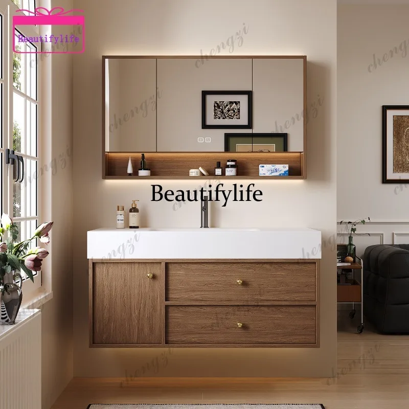 Vintage style Corian integrated basin bathroom rubber wood paint-free bathroom cabinet wash washbasin  a17
