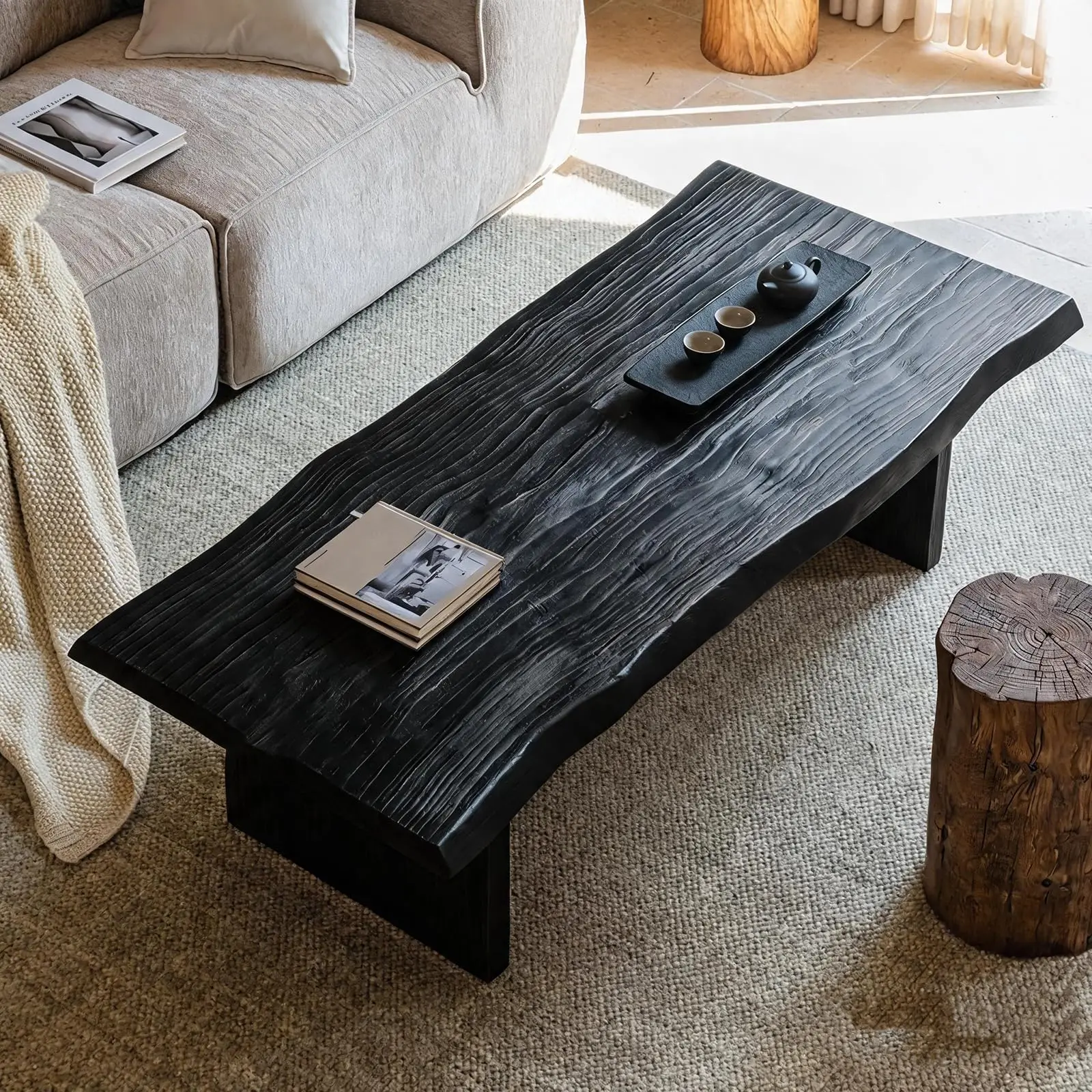 Solid Wood Coffee Table,Rustic Centre Table with Live Edge,Farmhouse Living Room Table,2 