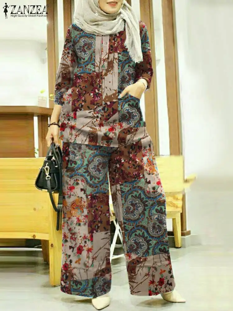 ZANZEA Bohemain Printed Blouse Wide Leg Pant Sets Abaya Suit Women Muslim Sets Floral Tracksuits Fashion Loose Matching Sets