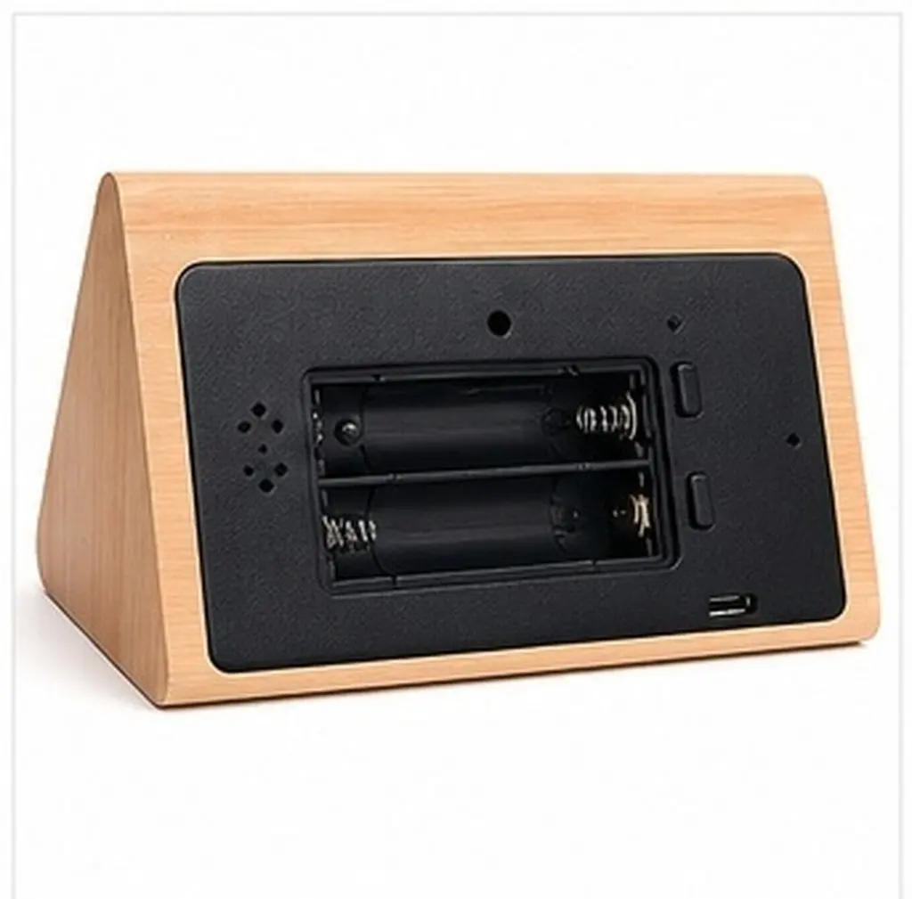 015-11 Triangle Digital LED Wooden Desk Alarm Clock Burlywood Voice Control Blue Light Date Temperature USB Cable Aaa Battery