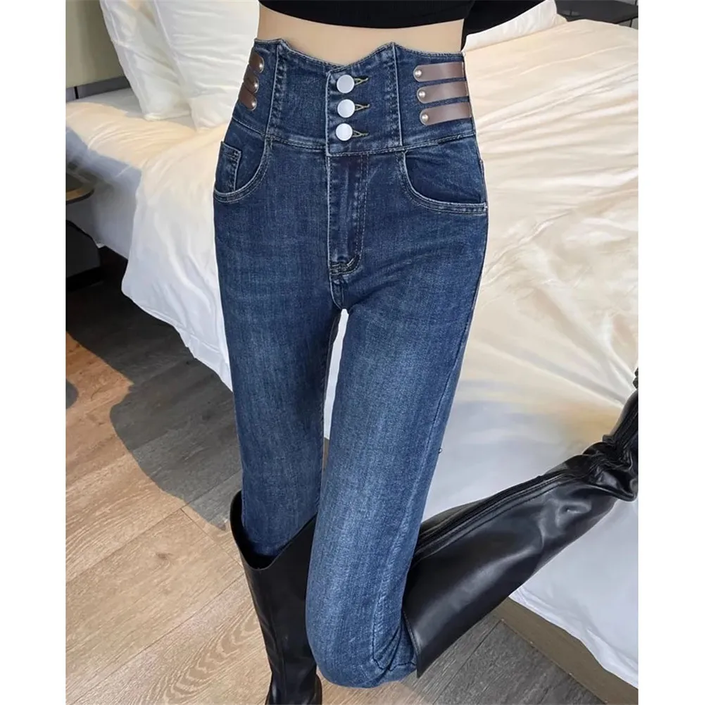 Lente Hoge Taille Koreaanse Chique Jeans Vrouwen Casual Vintage Ruches Taille Skinny Denim Broek Harajuku Slanke Streetwear Denim Broek