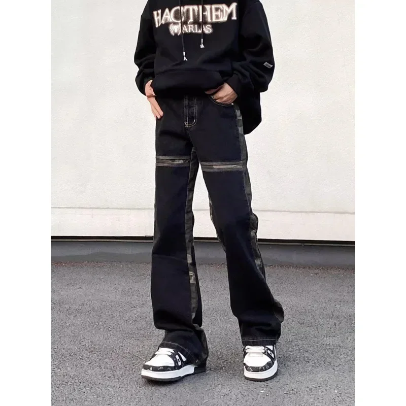 

Pop Four Seasons Men's American Vintage Camouflage Patched Jeans Pants Hphop Loose Straight Denim Bootcut Trousers Male Streetwe
