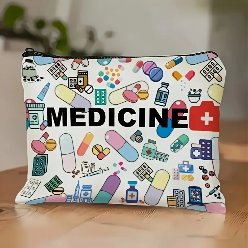 1Pc Medicine-Themed Pill and Syringe Retro Design Makeup Bag, Snack Storage Bag, Stationery Storage Bag, Travel Bag, Canvas Double-Sided Printed Bag