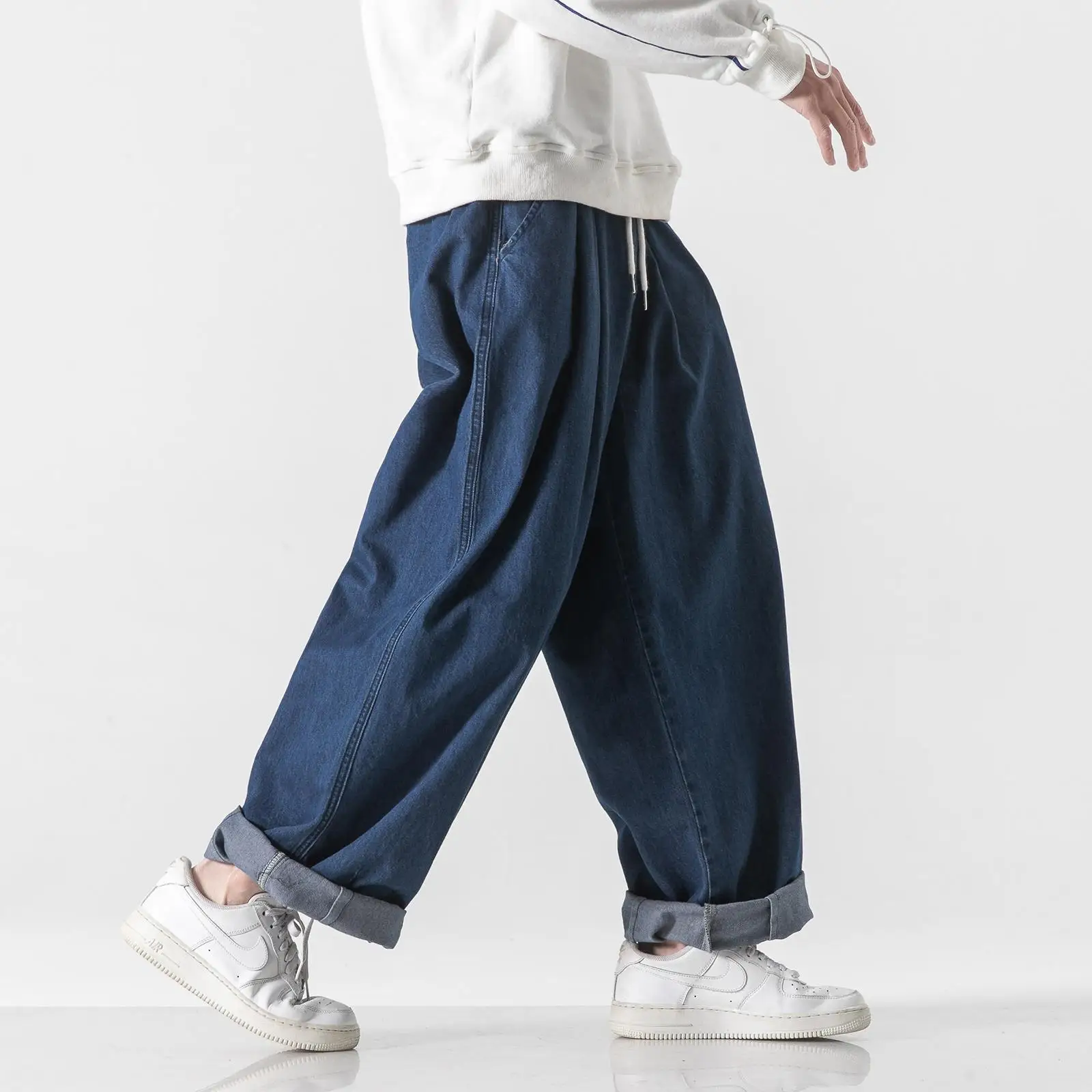 Spring Summer Japanese Hong Kong Style Loose Straight Solid Drape Wide Leg Jeans Men's Plus Size Streetwear Casual Trousers
