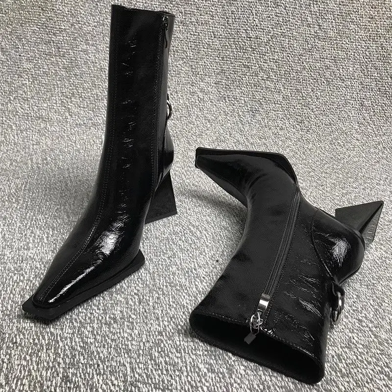 FHC 2024 nowe botki z kwadratowymi noskami, damskie dziwne buty na wysokim obcasie Botas, modne buty zimowe botki, rozmiar 35-40, czarny, Dropship