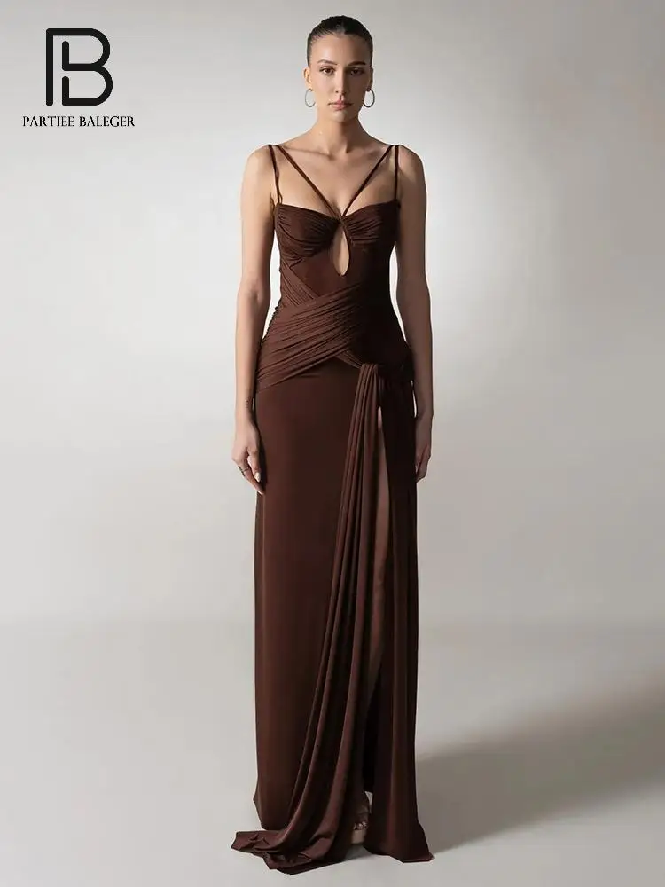 PB Abito lungo sexy con ritaglio marrone – Abito da sera elegante senza schienale Temperamento da donna Slim Night Club Cocktail Party Nuovi abiti