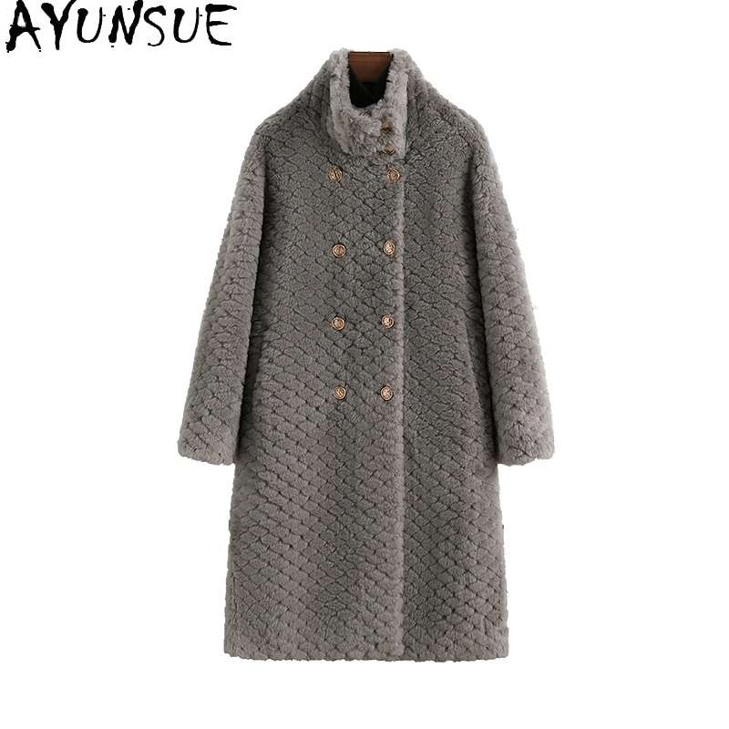 เสื้อโค้ทขนสัตว์แท้ 100% ยี่ห้อ AYUNSUE สำหรับผู้หญิง ความยาวปานกลาง แฟชั่นแจ็คเก็ต เสื้อผ้าผู้หญิง ใหม่ล่าสุดในชุดคลุมทับสำหรับฤดูหนาว 2025 เสื้อโค้ทขนสัตว์
