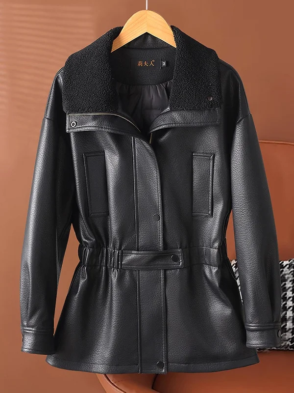  Ning Genuine Leather down Jaet Women's Mid-Length Thiened Winter New Sle Waist-Cinching Slimming Biker Coat