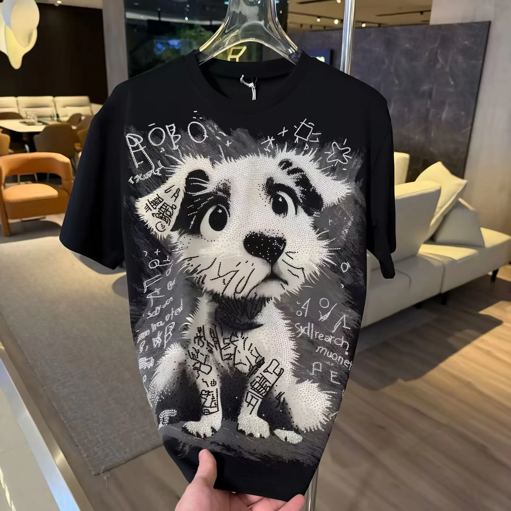 Summer Men's Fashion Graffiti Puppy Rhinestone Loose Casual White Black Red Pink Purple Green Round Neck Short Sleeve T-Shirt