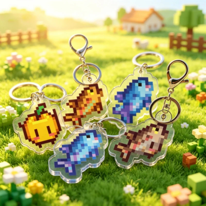 Stardew Valley Pixel 5Cm Acrylic Keychain Pixel Pumpkin Fish Cat Character Key Ring with Lobster Clasp Backpack Collectible Gift